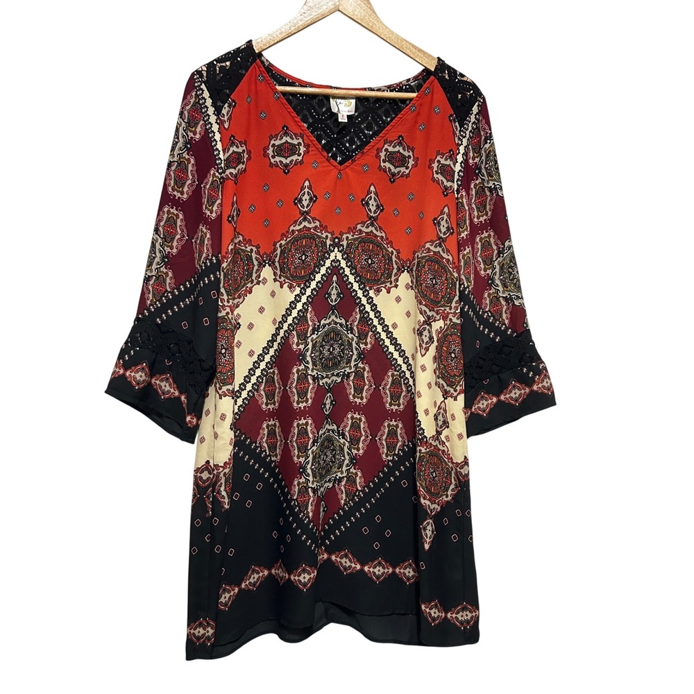 Fig and Flower Womens Boho Chic Shift Dress L Multicolor Crochet Lace Paisley - Picture 1 of 10
